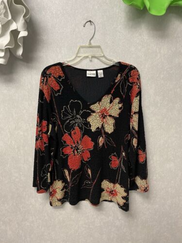 Chico's Travelers Black/ Pink Floral V-Neck 3/4 Sleeve Top - Size 3