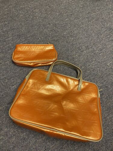 Vintage Clinique Cosmetic Make-up Travel Bag Orange with Cream Handle Set of 2