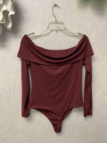 AFRM Bodysuit Burgundy  Off Shoulder Ribbed Long Sleeve Size XL