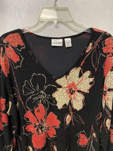 Chico's Travelers Black/ Pink Floral V-Neck 3/4 Sleeve Top - Size 3