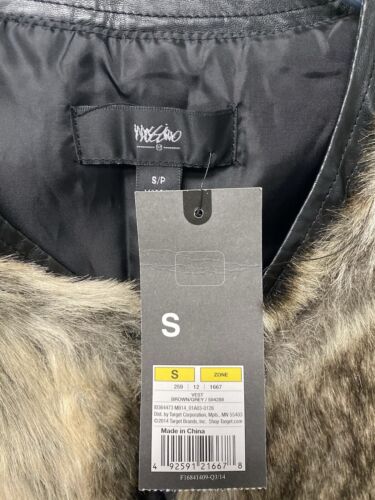 Mossimo NWT  Brown/Grey Open-Front Vest Faux-Fur Size Small Faux Leather Collar