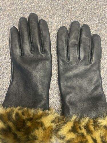 Black Leather And Animal Print Gloves Size Medium