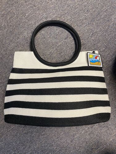 Newport Collection Black And White  Straw Tote Bag With Zip Top Round Handles