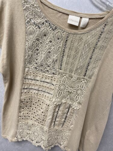 Chico's Beige Lace Sequin Knit Top Short Sleeve Size 2