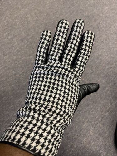 Black Leather And Houndstooth Gloves Sz Med