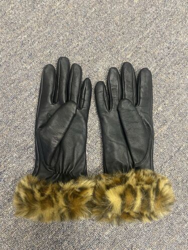 Black Leather And Animal Print Gloves Size Medium