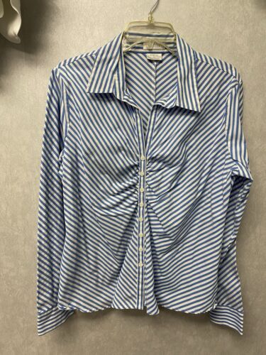 Van Heusen Top Shirt Ruched Button Front Blue/White Size XL