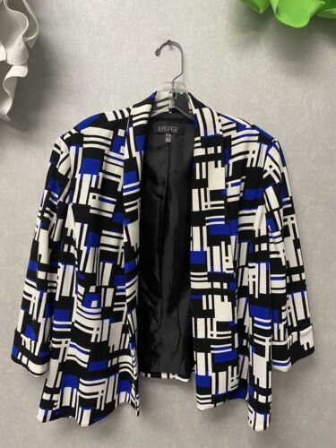 Kasper Black, Blue and White Abstract Design Open Front Blazer Size 16