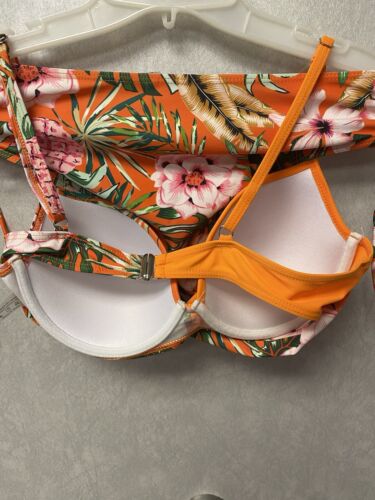 Shein Orange/ Green Padded Floral Bandeau Bikini Set Size Med