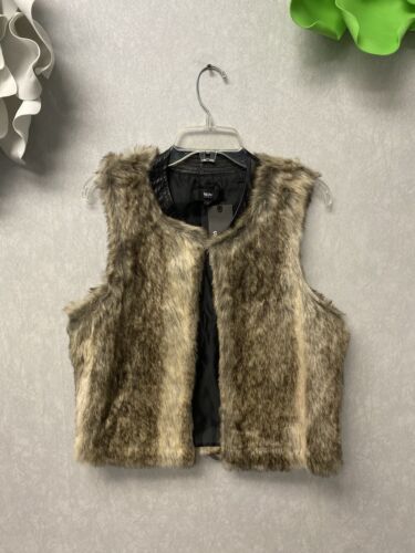 Mossimo NWT  Brown/Grey Open-Front Vest Faux-Fur Size Small Faux Leather Collar