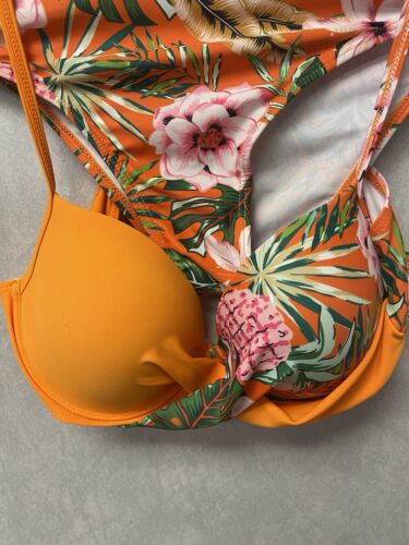 Shein Orange/ Green Padded Floral Bandeau Bikini Set Size Med