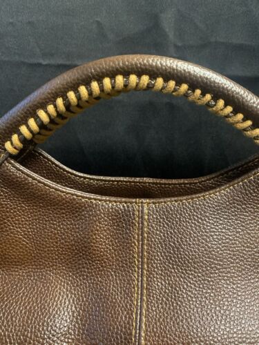 HESHE Pebble Leather Shoulder Purse Ladies Handbag Dark Brown / Tan Stitching