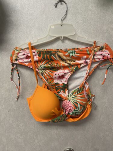 Shein Orange/ Green Padded Floral Bandeau Bikini Set Size Med