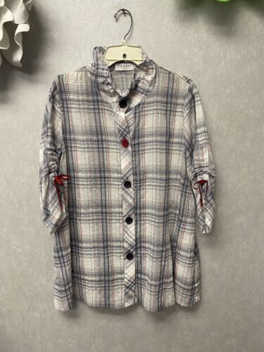 Terra SJ Apparel Blue/Red Blouse Button Down Plaid Lagenlook Boho Size Med