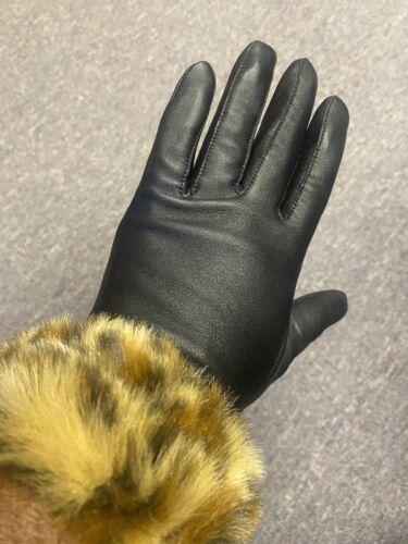 Black Leather And Animal Print Gloves Size Medium