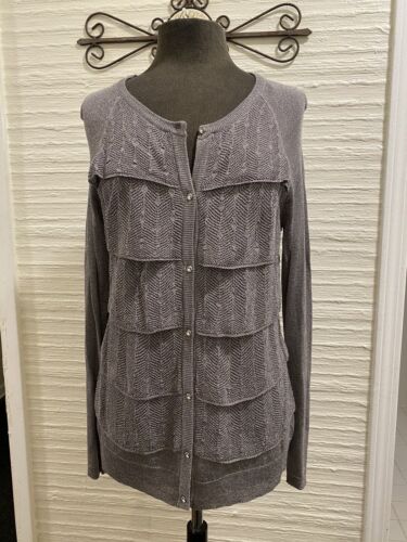 Anne Klein Cardigan Sweater Silver/Gray Rayon Size M Long Sleeve