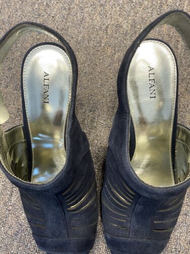 Alfani Navy Blue Suede Leather Open Peep Toe Sling Back Heels Sz 10