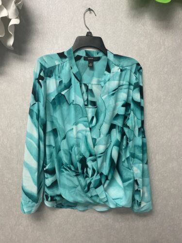 Alfani Green/Black Faux Wrap Blouse Size 14