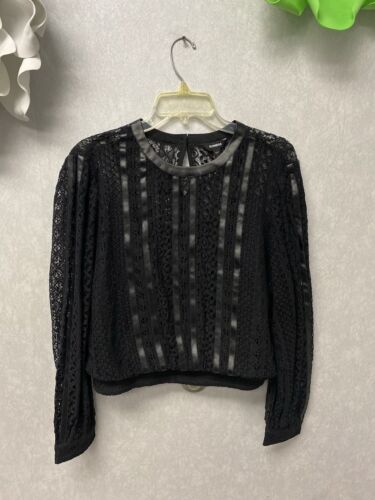 Express Ladies Black Long Sleeve Lace Blouse With Faux Leather Stripe Size Large