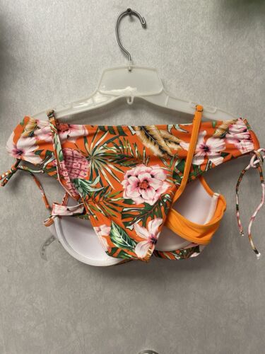 Shein Orange/ Green Padded Floral Bandeau Bikini Set Size Med