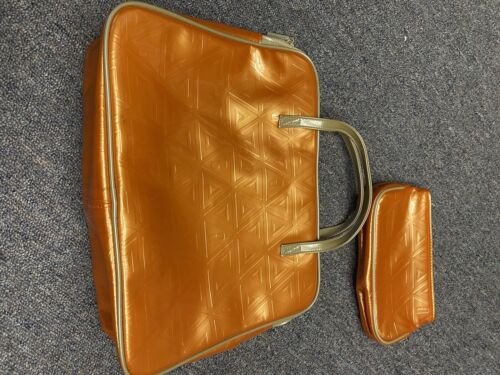 Vintage Clinique Cosmetic Make-up Travel Bag Orange with Cream Handle Set of 2