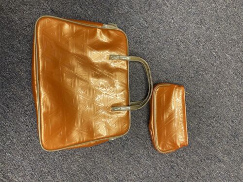 Vintage Clinique Cosmetic Make-up Travel Bag Orange with Cream Handle Set of 2