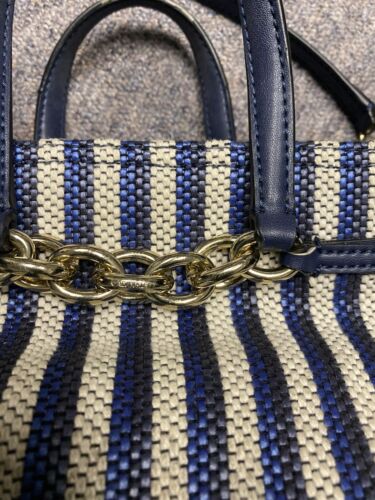 Calvin Klein Evelyn Daytona Mini Satchel Tote Bag Navy Blue Canvas Gold Hardware