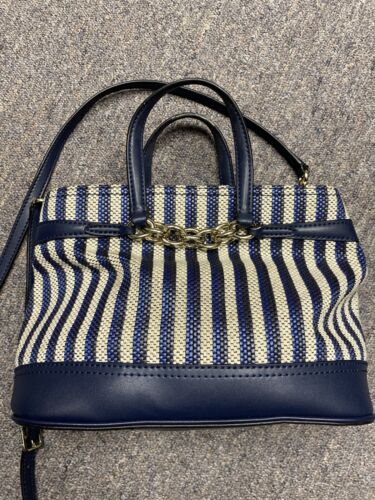 Calvin Klein Evelyn Daytona Mini Satchel Tote Bag Navy Blue Canvas Gold Hardware