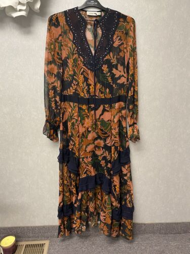 NWOT COACH 1941 Boho Maxi Orange And Blue Dress Floral Studded SZ 2