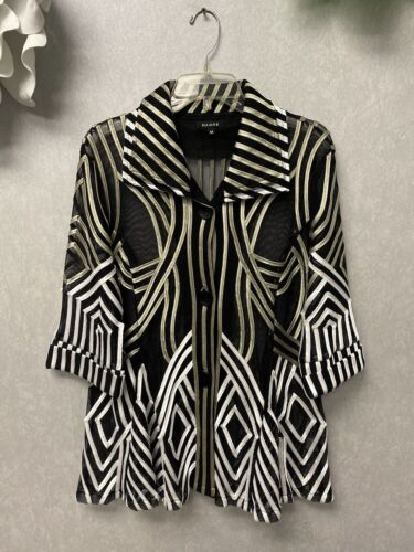 Damee Soutache Jacket Silver Gold Ribbon Geometric Black Mesh Buttoned Size Med