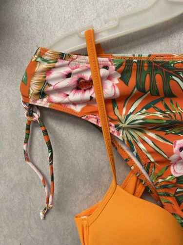 Shein Orange/ Green Padded Floral Bandeau Bikini Set Size Med