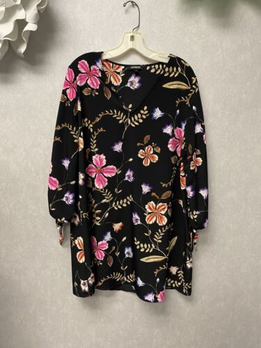 Express Womens Shift Dress Black Pink Floral 3/4 Tie Sleeve V-Neck Large