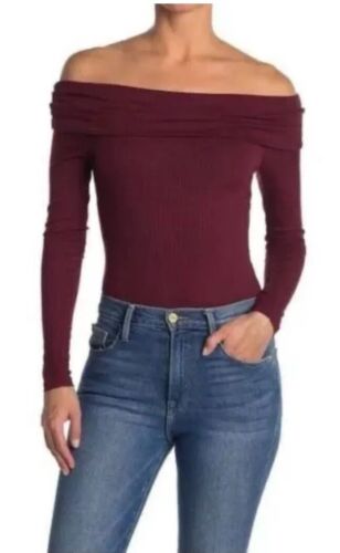 AFRM Bodysuit Burgundy  Off Shoulder Ribbed Long Sleeve Size XL