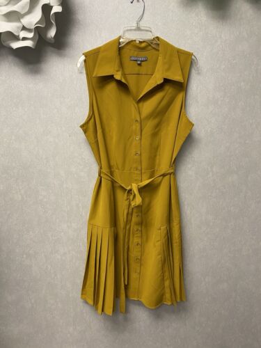 Sharagano Collared Button Down Yellow Sleeveless Belted Midi Dress Sz 12