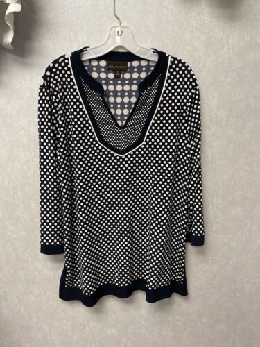 Dana Buchman  Long Sleeve Stretch  Top Navy/white Polka Dot Top Size Large