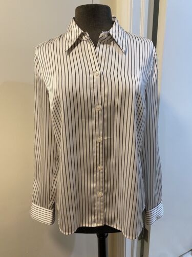 Kasper Women'S Black White Pinstripe Button-Down Blouse Top Size Large