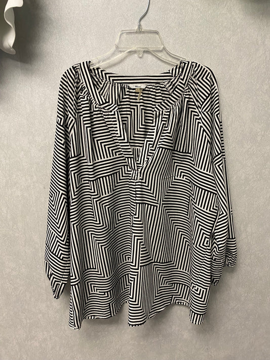 Milano Womens Tunic Blouse Black White Striped V Neck Pleated 3/4 Sleeves Size L