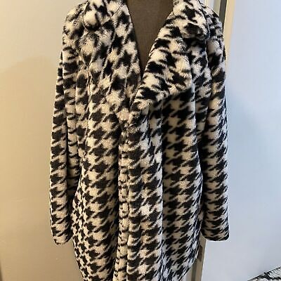 NWT Ellie & Kate Blk/White Houndstooth Jacket Faux Fur Hook & Eye Closing Size L