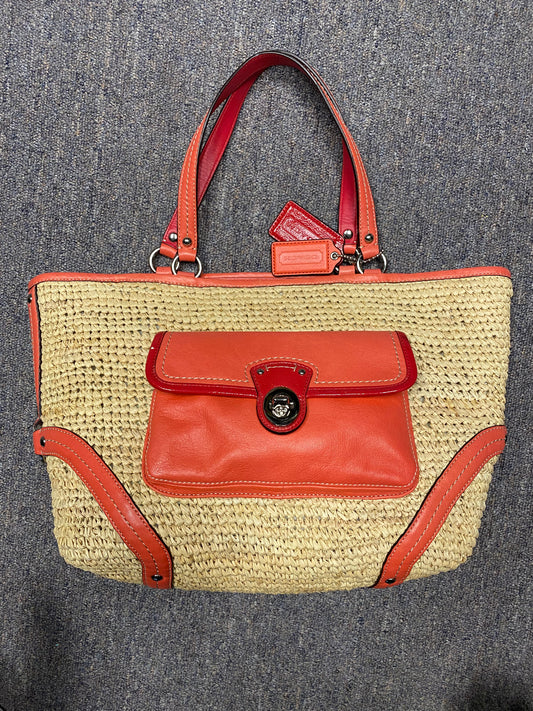 Coach Straw Pocket Purse Tote Bag Coral Leather Trim Shoulder Straw Bag #22904