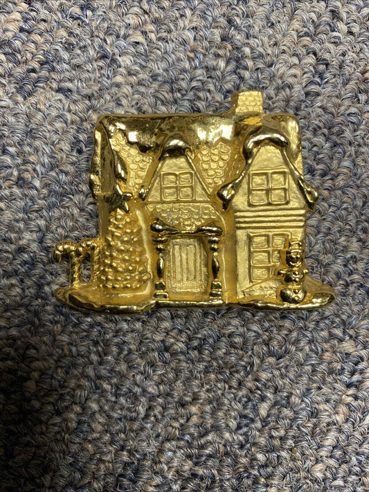 Vintage Signed AJC Gold Tone Christmas Tree Village House Snowman Pin Brooch