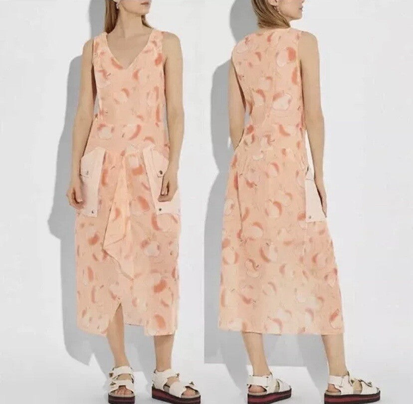 NWOT Coach Apple Print Long Dress With Snap Pockets Peach Size 2