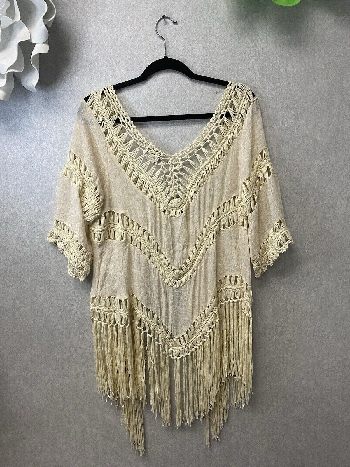 Venus CROCHET BEIGE FRINGE KIMONO BEACH COVERUP Size Med