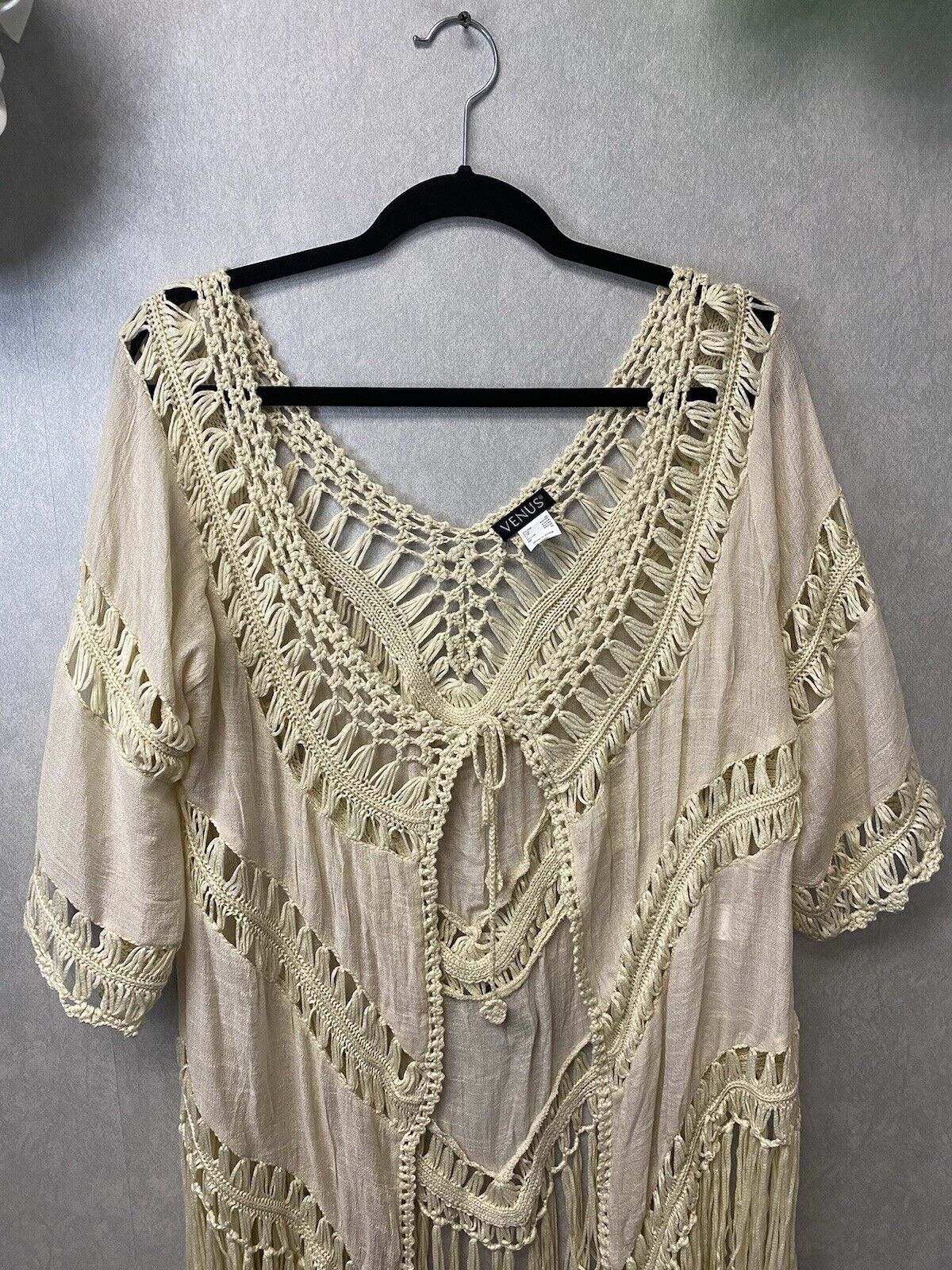 Venus CROCHET BEIGE FRINGE KIMONO BEACH COVERUP Size Med