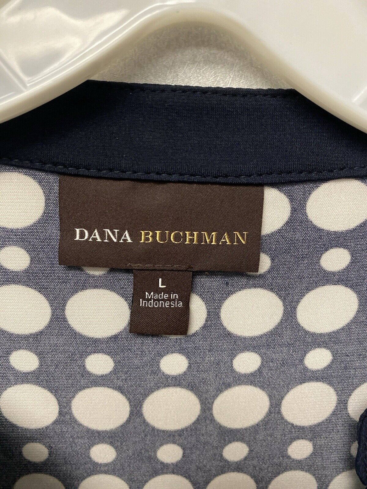 Dana Buchman  Long Sleeve Stretch  Top Navy/white Polka Dot Top Size Large