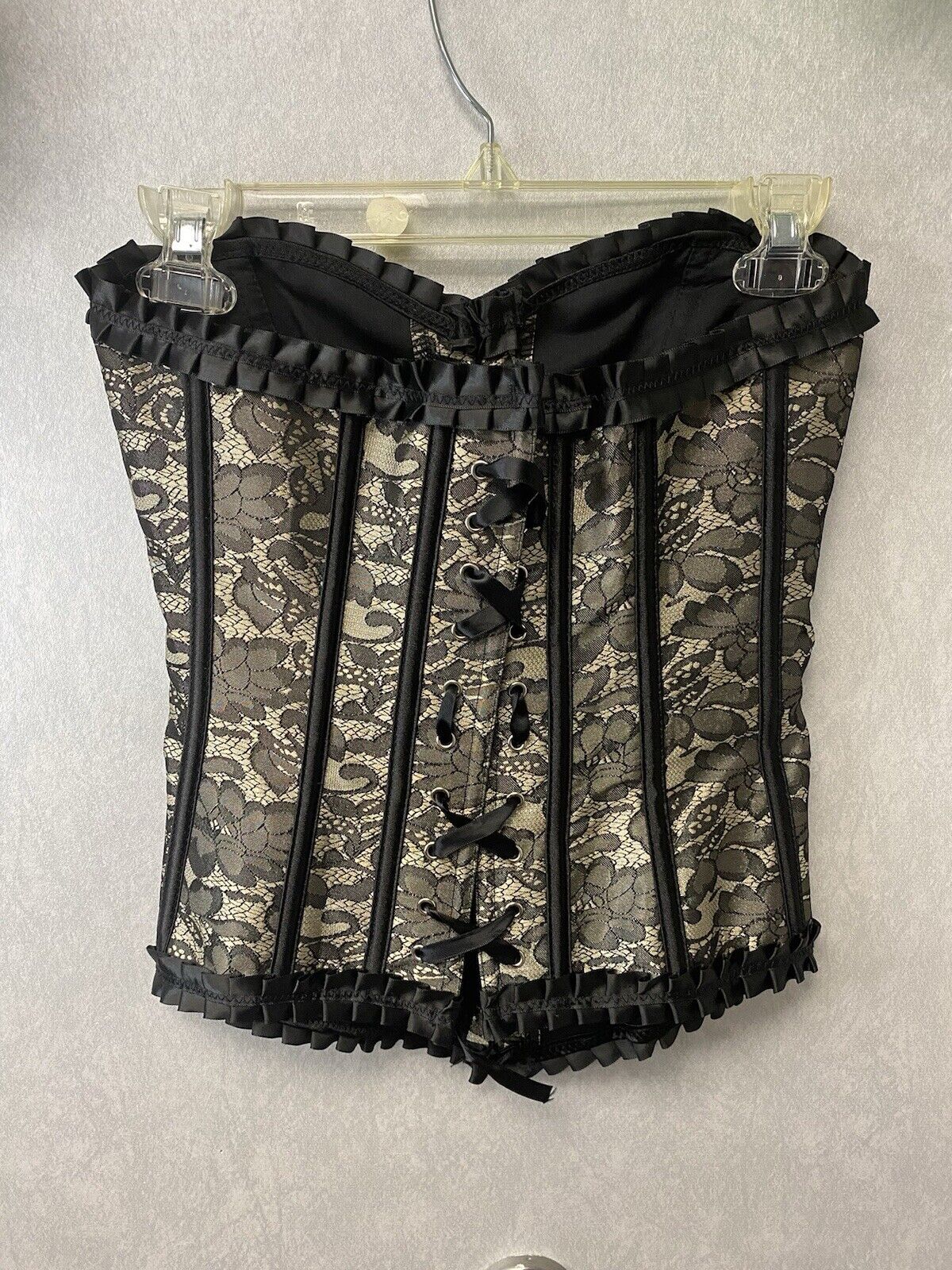 Gold/Black Overbust Corset Lace Black Trim Boudoir Size Med