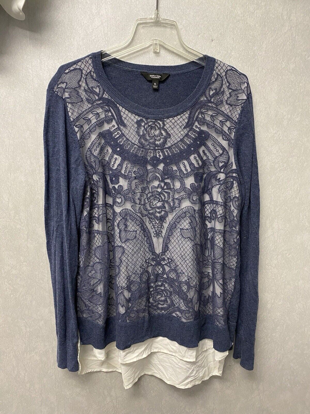 Simply Vera Wang Blue Lace Overlay Classic 2Fer Sweater Top Women's Size XL