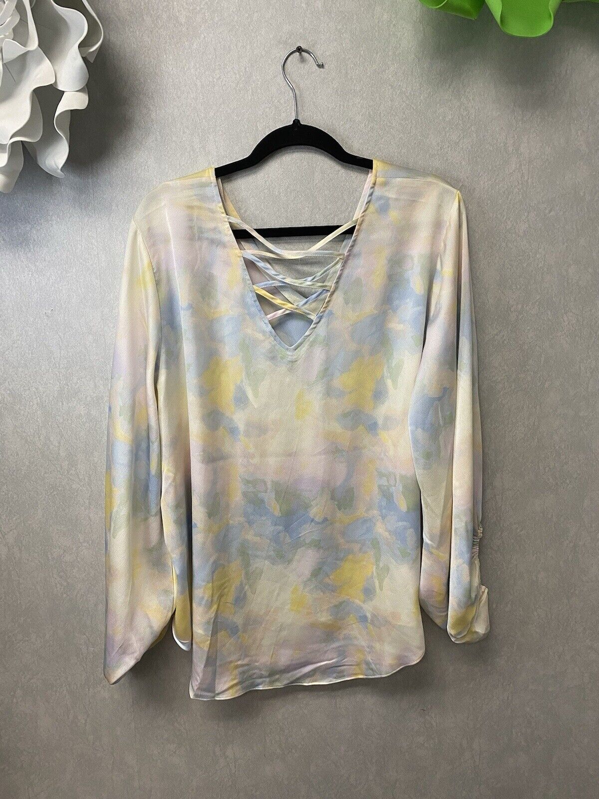Cato Blouse Multicolor Pastel Abstract Balloon Sleeves Pullover Sz 18/20w