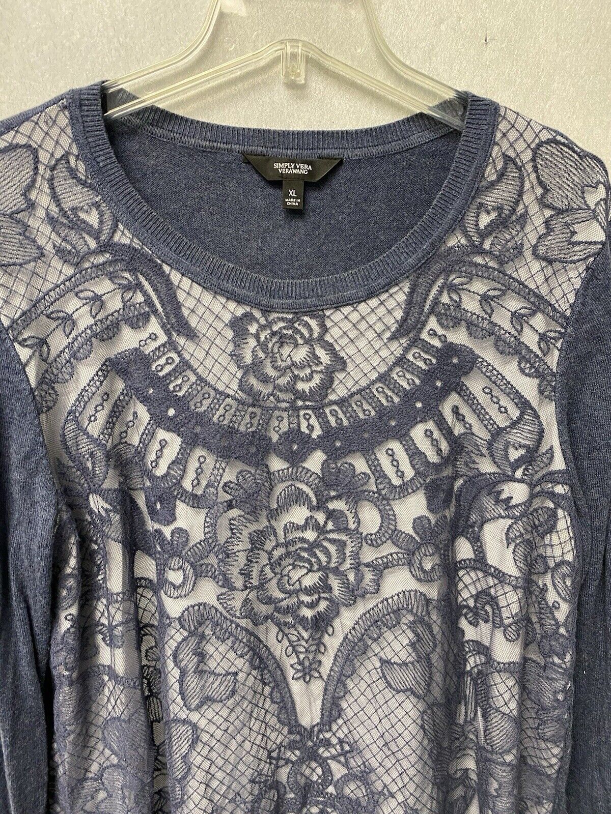 Simply Vera Wang Blue Lace Overlay Classic 2Fer Sweater Top Women's Size XL