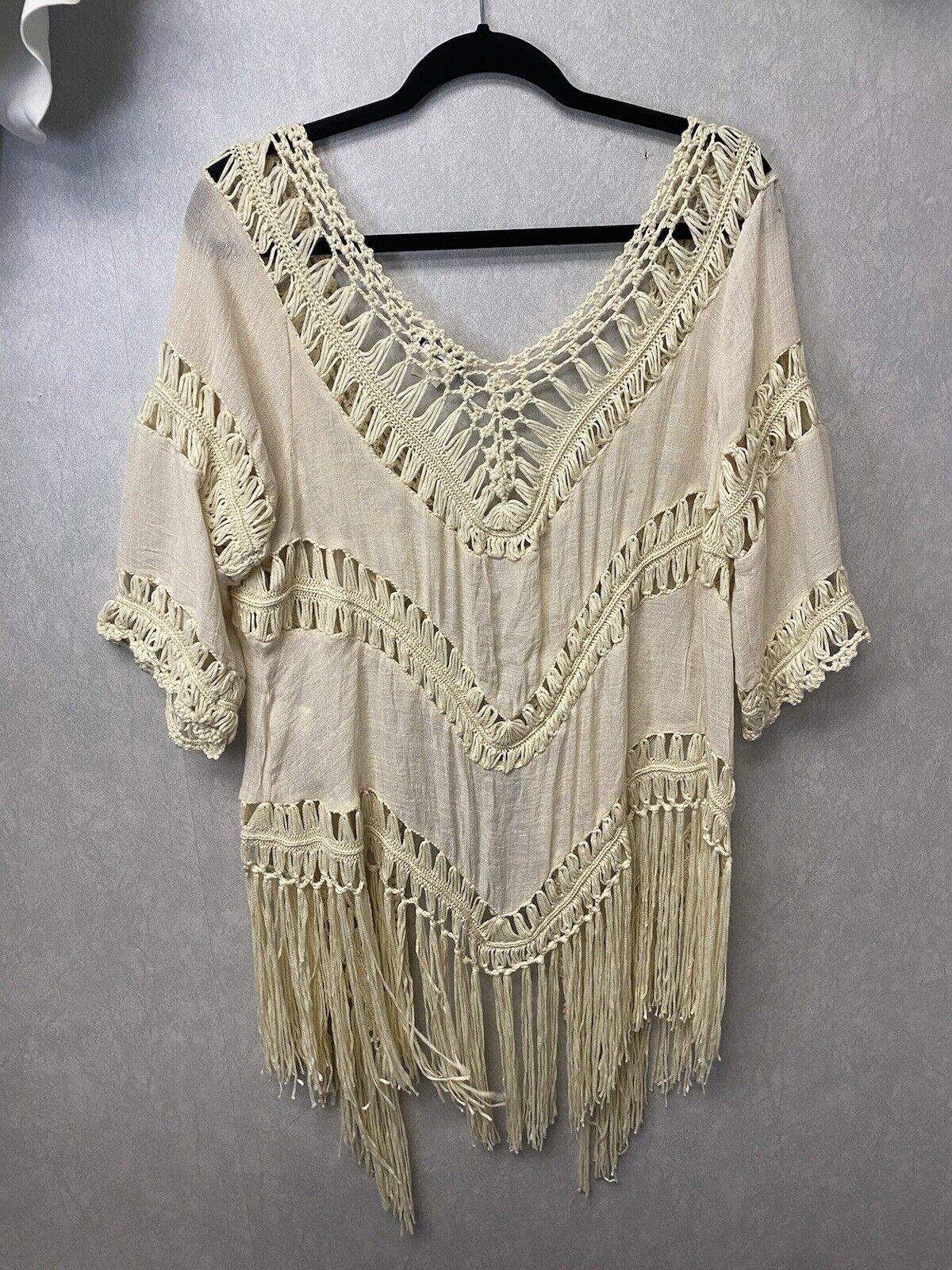 Venus CROCHET BEIGE FRINGE KIMONO BEACH COVERUP Size Med