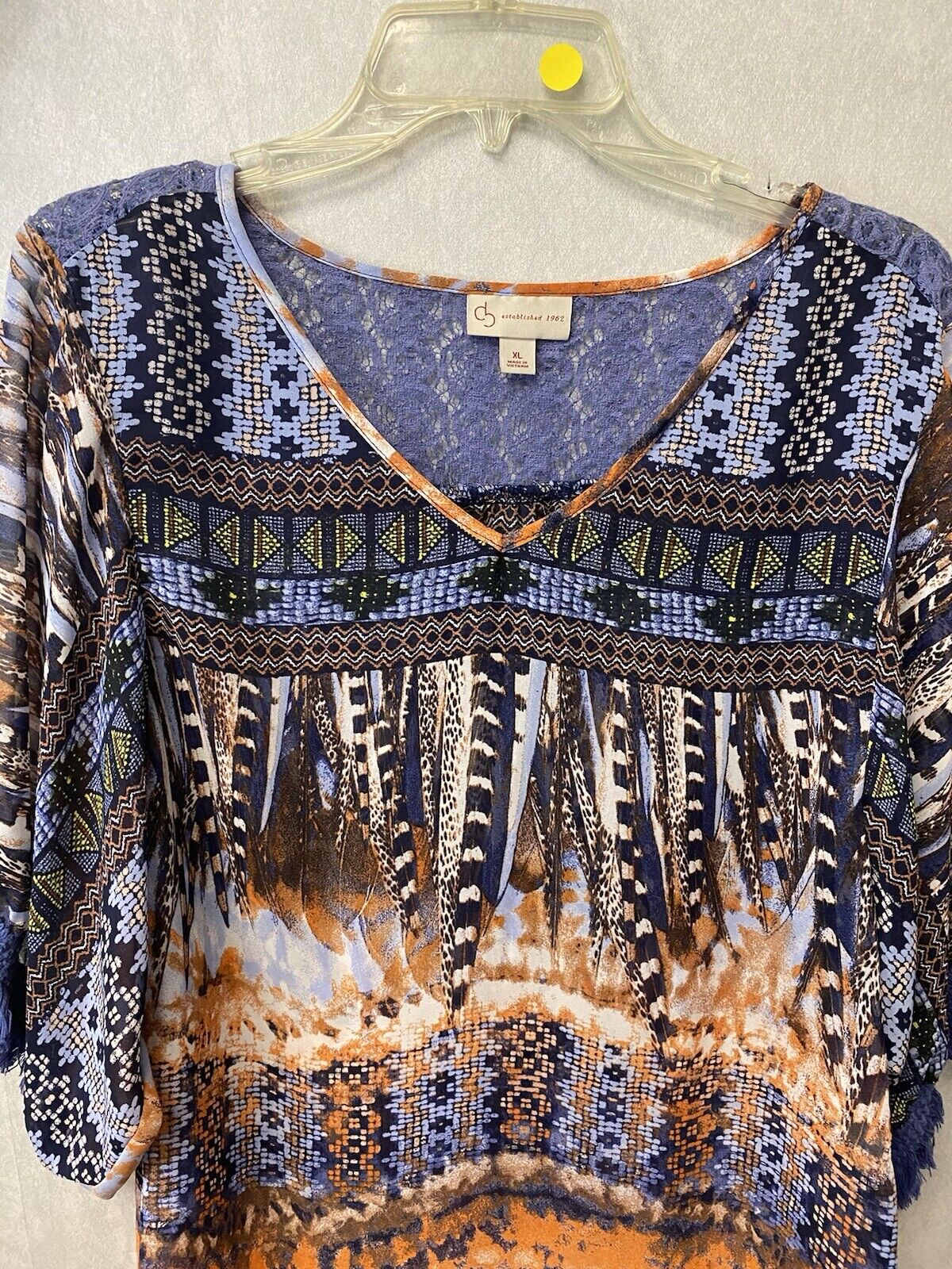 CB Established 1962 Women Size XL Sheer Chiffon Aztec Blue Tunic Top Blouse